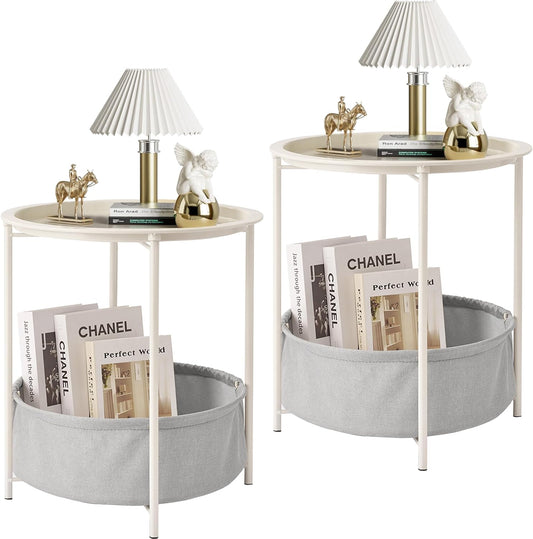 VECELO Round Side/End Table with Fabric Storage Basket，Metal Anti-Rust and Waterproof Small Bedside Nightstand with Removable Tray Top for Living Room，Balcony & Laundry，Beige/2pcs with Basket