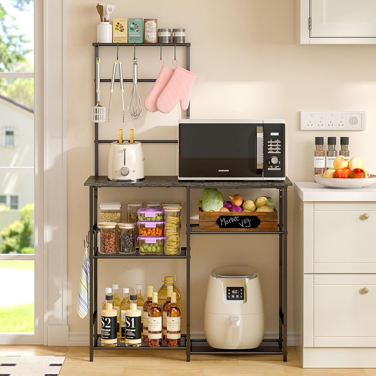 Baker's Rack for Kitchen with Storage, Microwave Stand with Adjustable Shelves, Kitchen Stand with 10 S Hooks, 6-Tier Coffee Bar Station, Kitchen Shelves for Spices, Pots, Gray