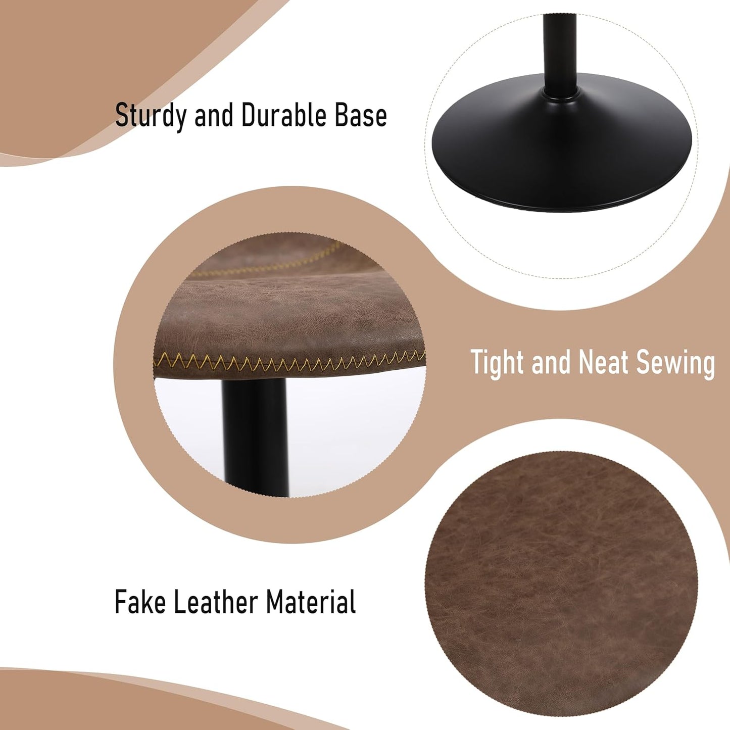 Bar Stools, Swivel Counter Height Barstools with Back, Adjustable Modern Bar Chairs, Tall Armless PU Leather Kitchen Island Stool (Brown, Set of 1)