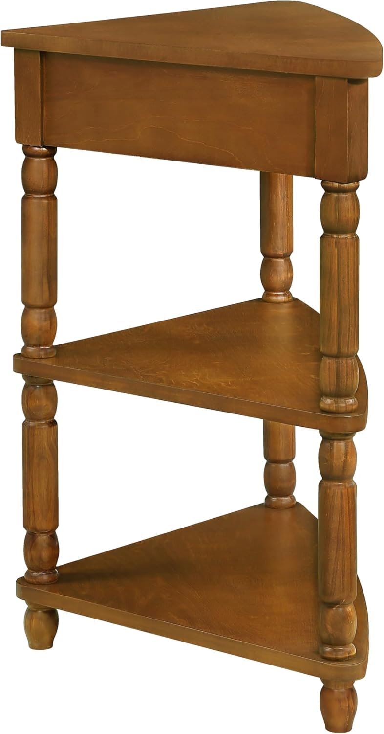 GDFStudio Trmxmbi 3 Tier Corner Console Table with 1 Storage Drawers and Shelves, 33.8'' Rustic Wood Triangle Sofa End Table for Small Spaces, Solid Wood Legs, Brown