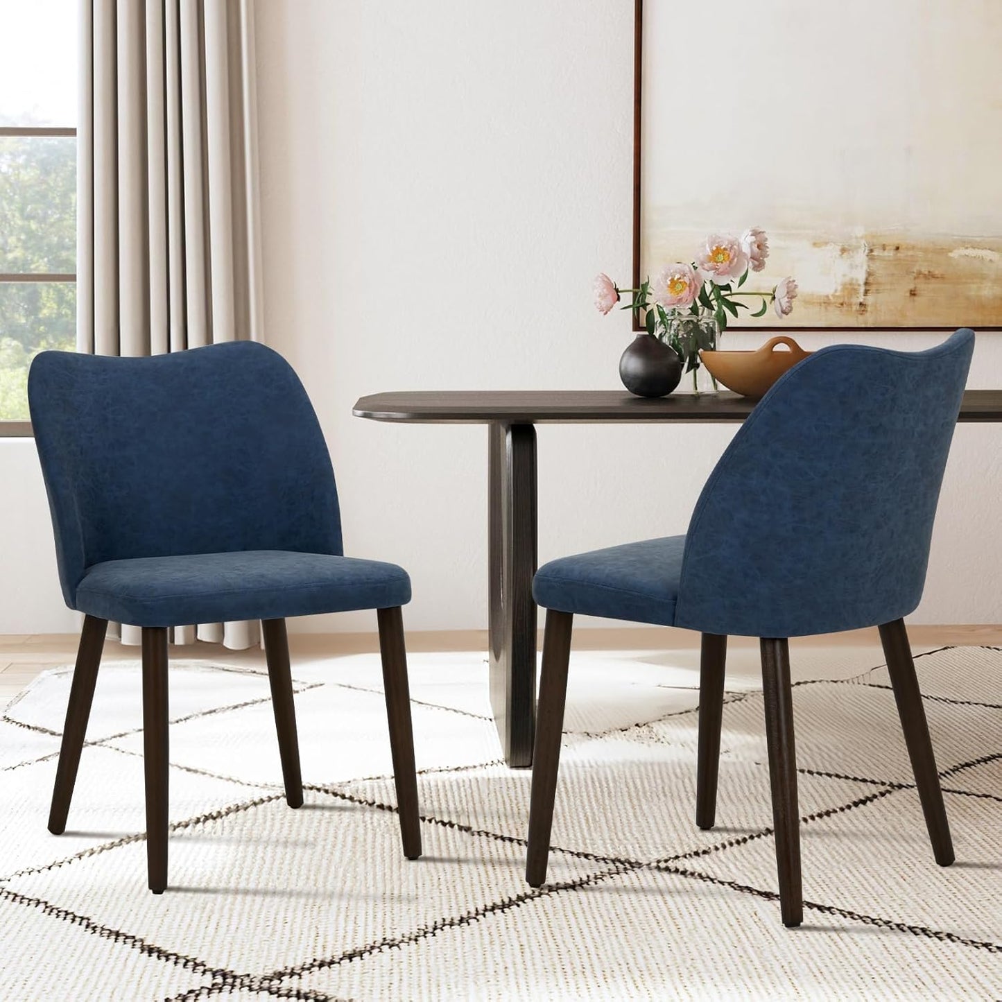 COLAMY Upholstered Dining Chairs Set of 2, Modern PU Leather Dining Room Kitchen Side Chair with Padded Seat and Wood Legs Restaurant/Cafe, Blue