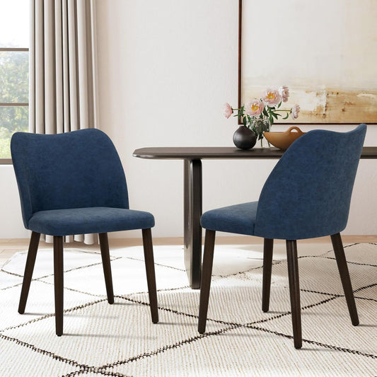 COLAMY Upholstered Dining Chairs Set of 2, Modern PU Leather Dining Room Kitchen Side Chair with Padded Seat and Wood Legs Restaurant/Cafe, Blue