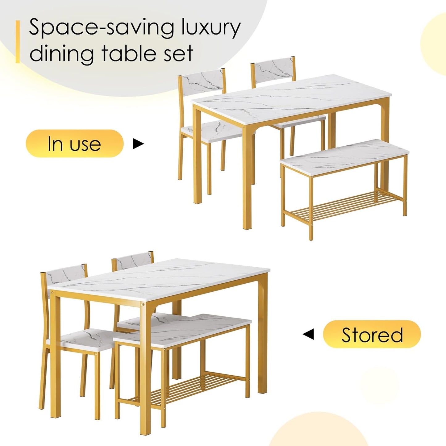 soges 4 Person Dining Table Set,43.3 inch Kitchen Table Set for 4,2 Chairs with Backrest,2-Person Bench with Storage Rack,Nesting Furniture Set for Dining Room and Restaurant, White Gold