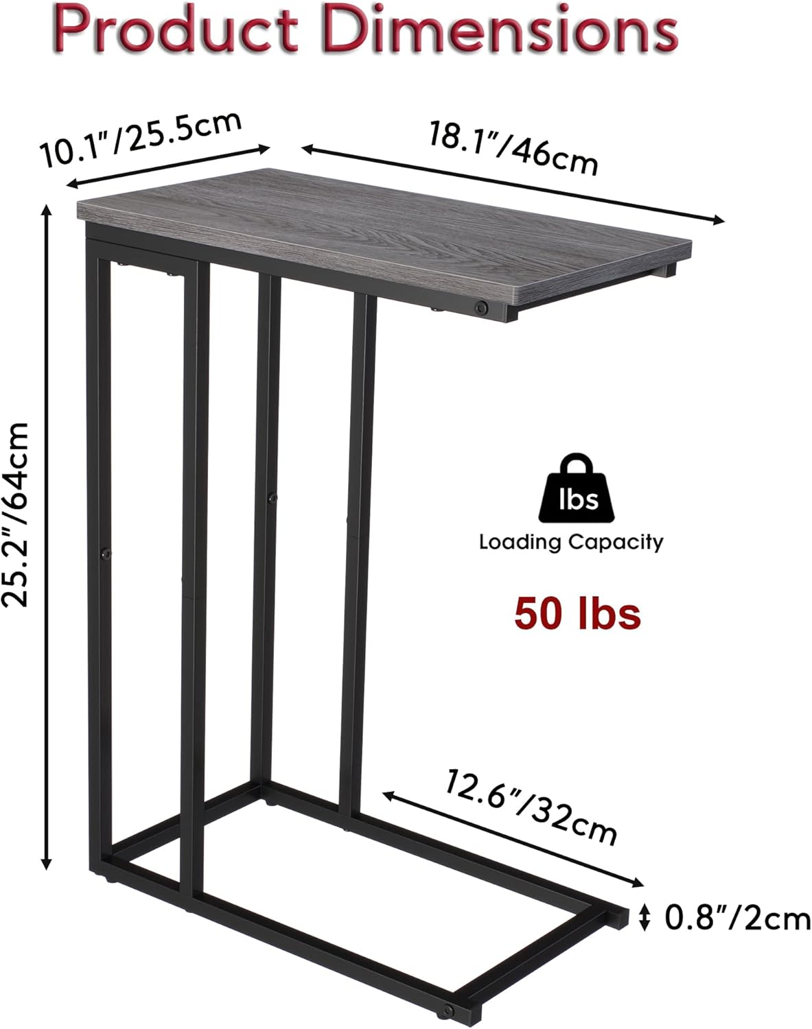 Yusong Small C Shaped End Table, Slim Narrow Couch Side Tables Slide Under Sofa Bed, Skinny Snack Tray Table for Coffee Laptop in Living Room,Easy Assembly,Grey