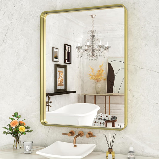 WEER Gold Bathroom Mirror, 24X32 Inch Brushed Gold Metal Frame Mirror, Rounded Rectangle Gold Bathroom Vanity Mirror for Wall, Tempered Glass, Anti-Rust, Hangs Horizontally or Vertically