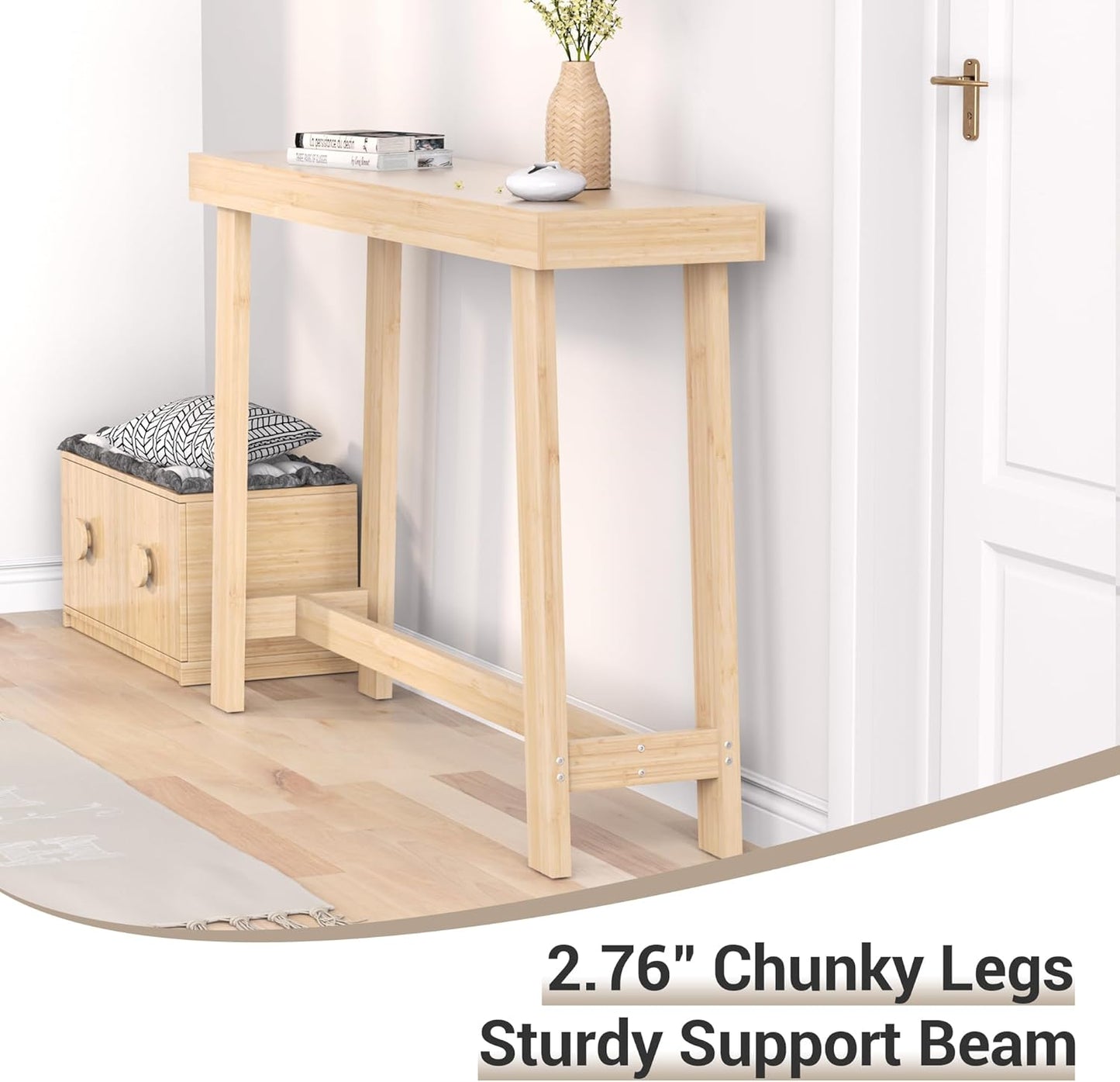Bamboo Wood Entryway Table 47.2" Console Table, Narrow Sofa Table with Support Beam for Entrance, Hallway, Living Room, Bedroom, Foyer(Natural)