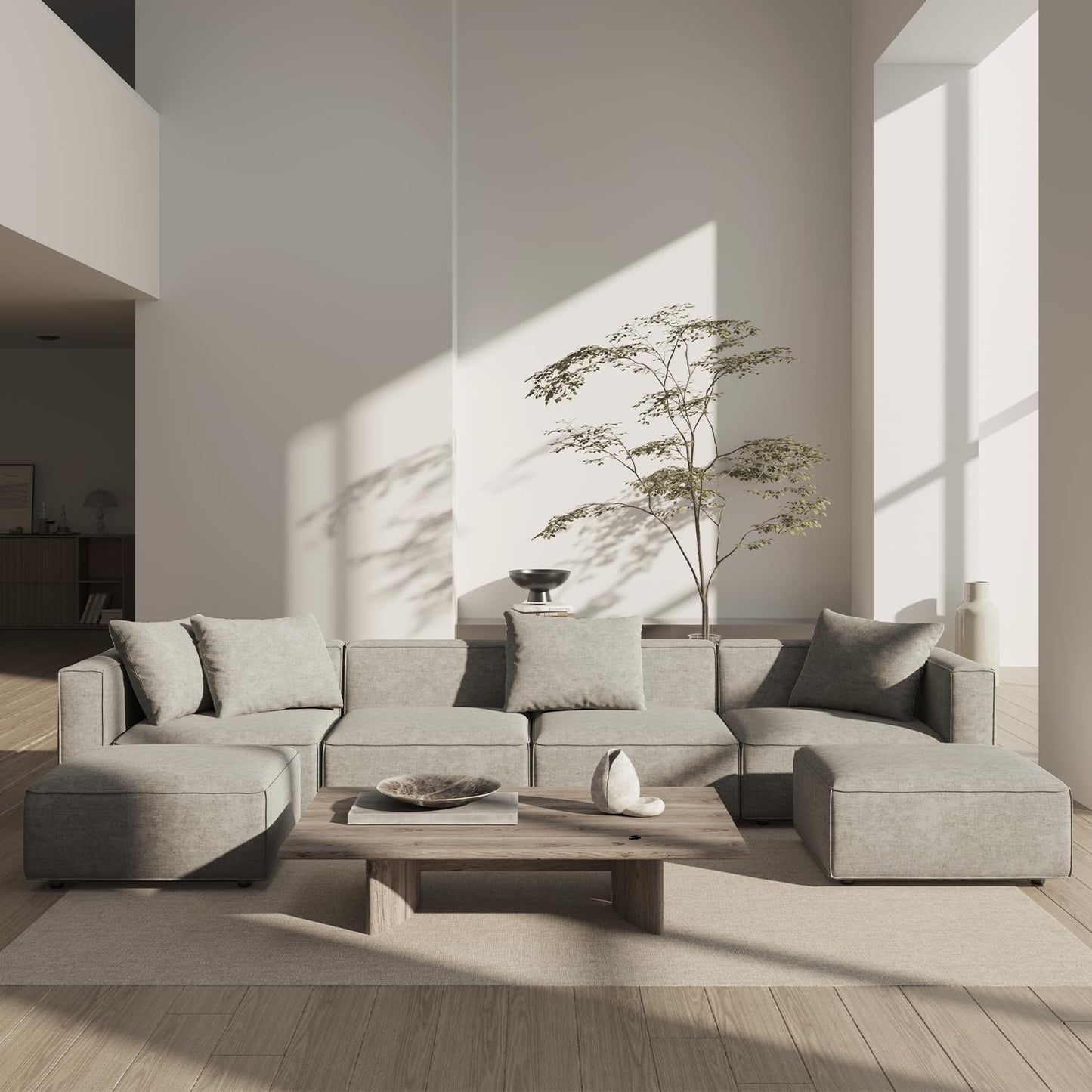 Acanva Luxury Modular Sectional Couch with Moveable Ottoman and Chaise, Modern Minimalist Style Sofa for Living Room, Apartments, U-Shape, Chenille Grey