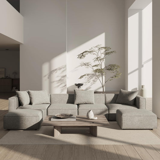 Acanva Luxury Modular Sectional Couch with Moveable Ottoman and Chaise, Modern Minimalist Style Sofa for Living Room, Apartments, U-Shape, Chenille Grey