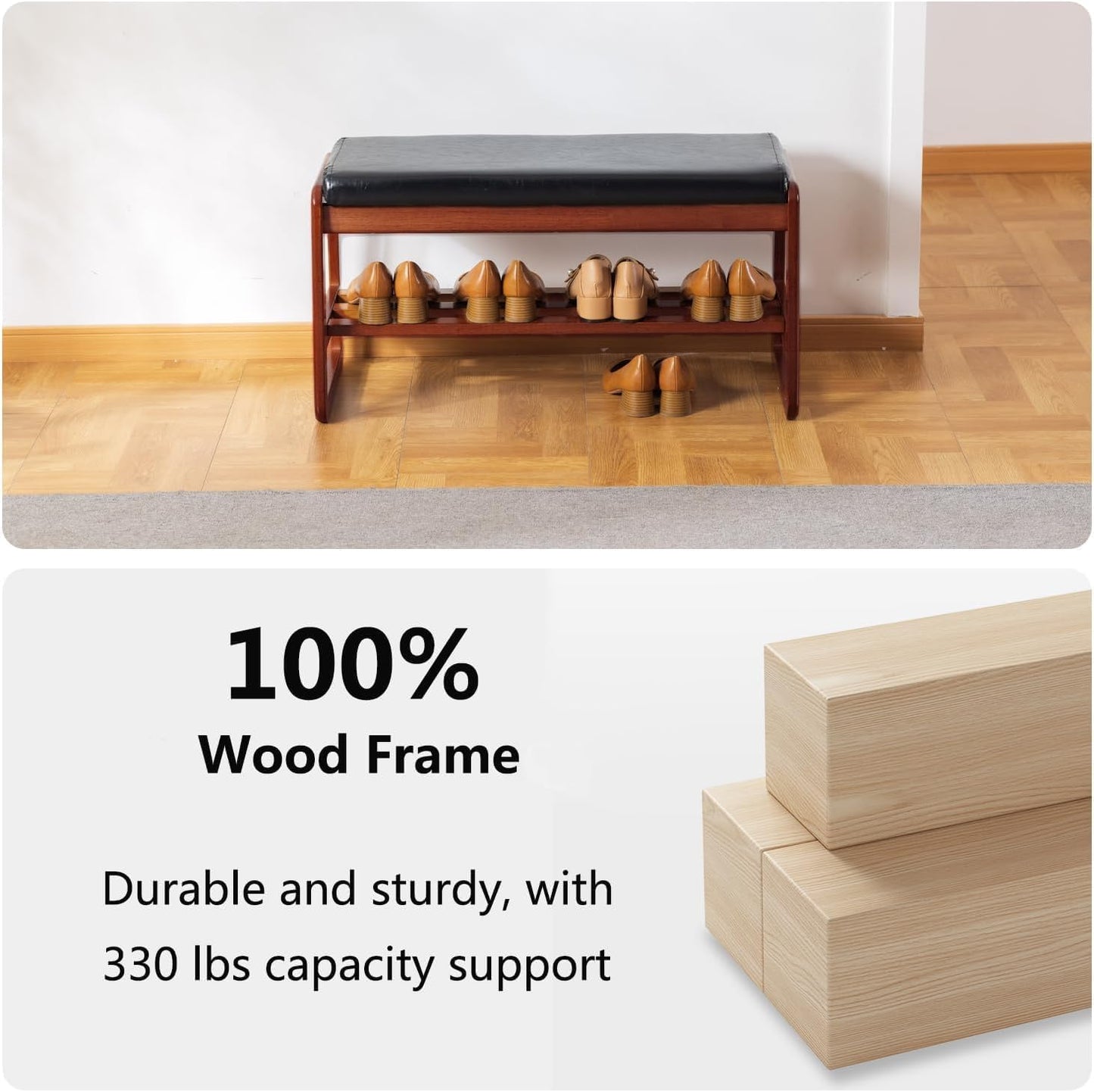 Solid Wood Shoe Bench, 2-Tier Wooden Entryway Bench, Modern Shoe Rack with Faux Leather Cushion for Hallway, Living Room (Black, 31.5'')