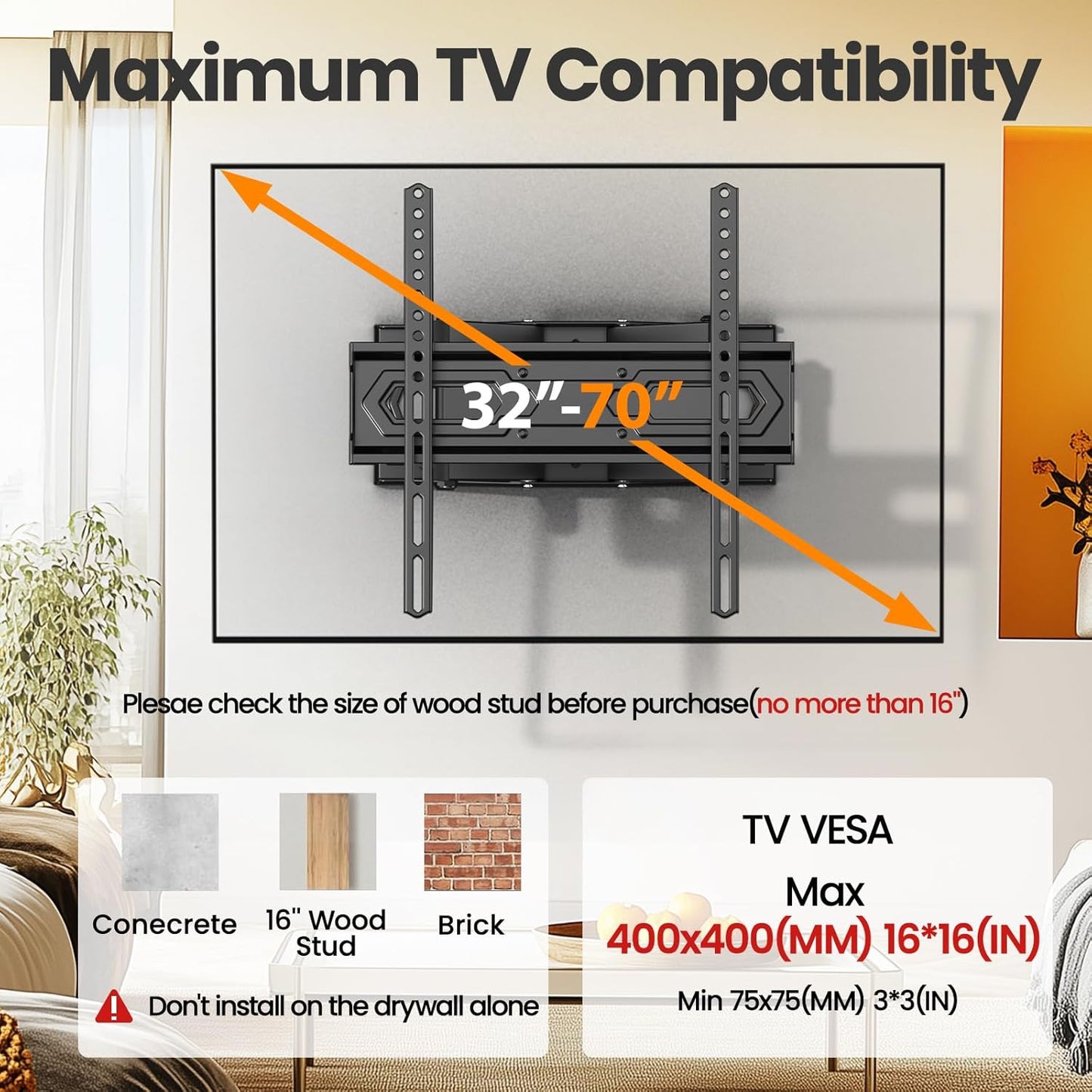 50 55 65 inch Full Motion TV Wall Mount for 32-70 inch TV Bracket, Dual articulating Arms Mount, Tilt Swivel Extension Level, Max VESA 400x400mm, 16" Studs, 110 lbs,Fit Most 40 43 50+ TVs