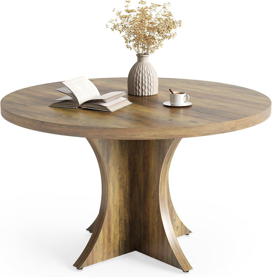 LITTLE TREE Round Dining Table for 4-6, 47.24 Inches Farmhouse Wooden Kitchen Table with Spacious Tabletop for Dining Room, Oak