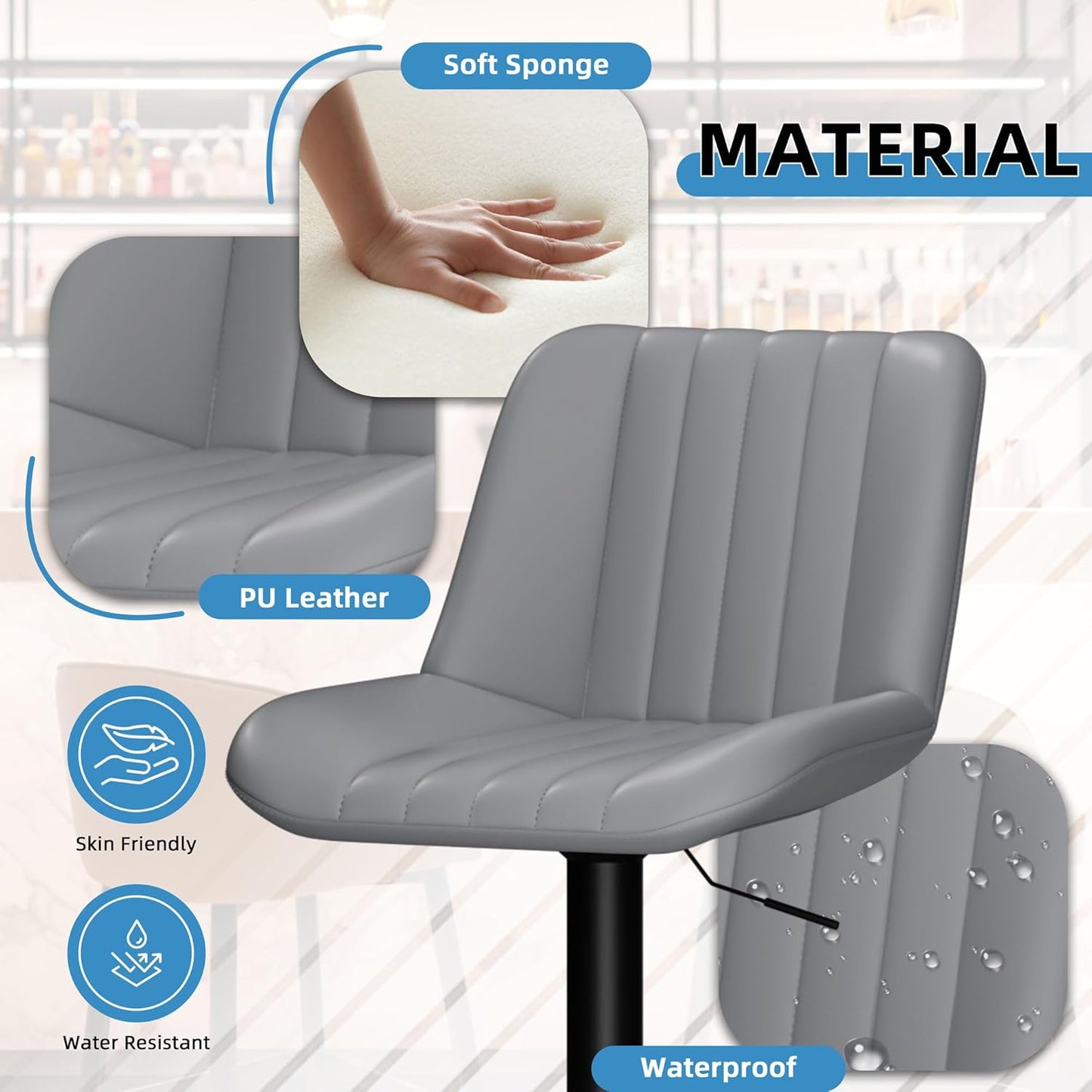 Shintenchi Swivel Bar Stools Set of 4, Adjustable Faux Leather Upholstered Swivel Counter Stools, Armless Bar Height Island Chairs with Back and Footrest, Gray