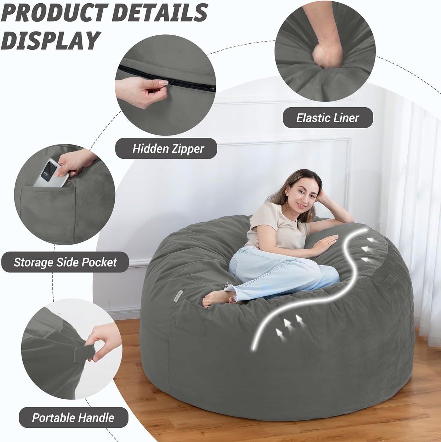 5FT Bean Bag Chair with Ultra Soft Velvet Cover Bean Bag Sofa with Memory Foam Bean Bag Chairs with Large Size Lazy Sofa for Dorm Office Living Room Bedroom Light Grey 5'