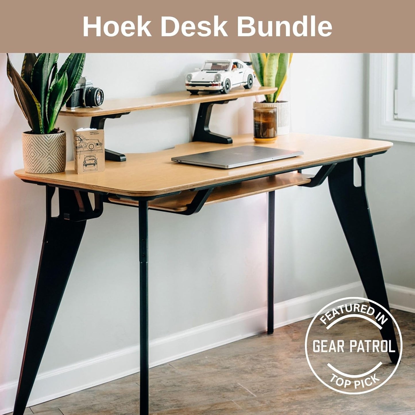 HOEK Office Desk Bundle, 47.5" x 23" - Modular Shelving, Storage Hook, Wall-Mountable Desk for Small Spaces & Work from Home Solutions - Easy Assembly Set Up & Compact Home Furniture (Birch/Black)