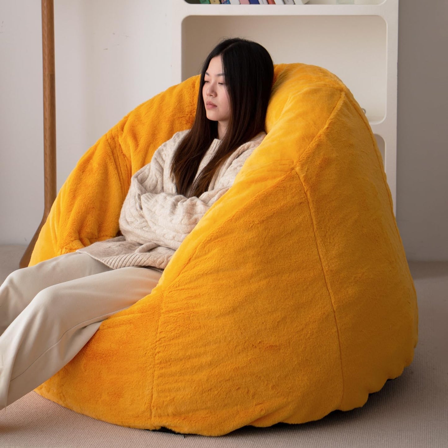 N&V Large Shell Bean Bag Chair, Adult Size Bean Bag Sack, Foam Filling, Includes Removable and Machine Washable Cover, 40in, Soft Faux Fur, Yellow
