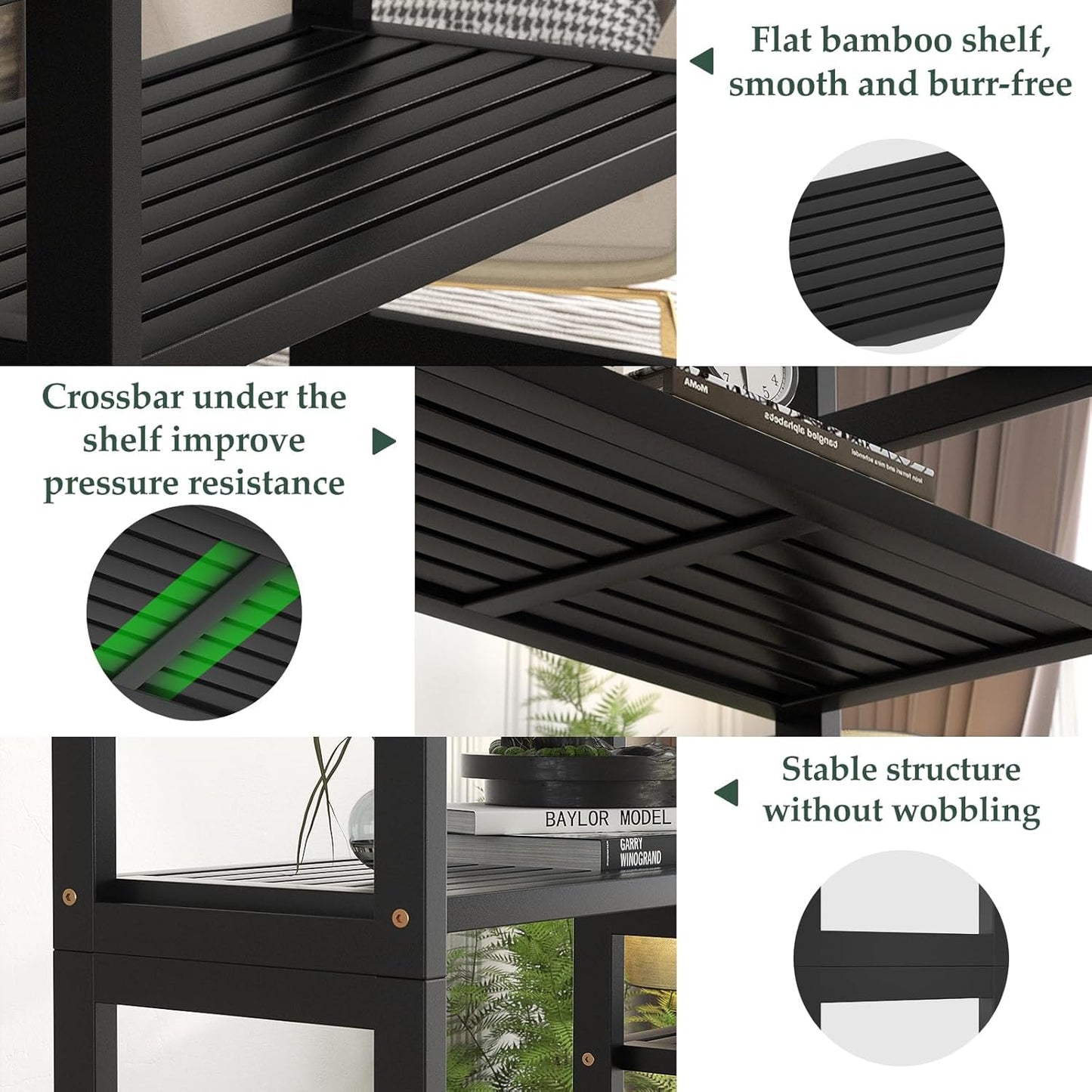 Homykic Double Wide Bamboo Bookshelf Black, 6-Tier Large Open Bookcase with 12 Display Shelves, 6ft Tall Freestanding Book Shelf for Home Office, Bedroom, Living Room, Plants