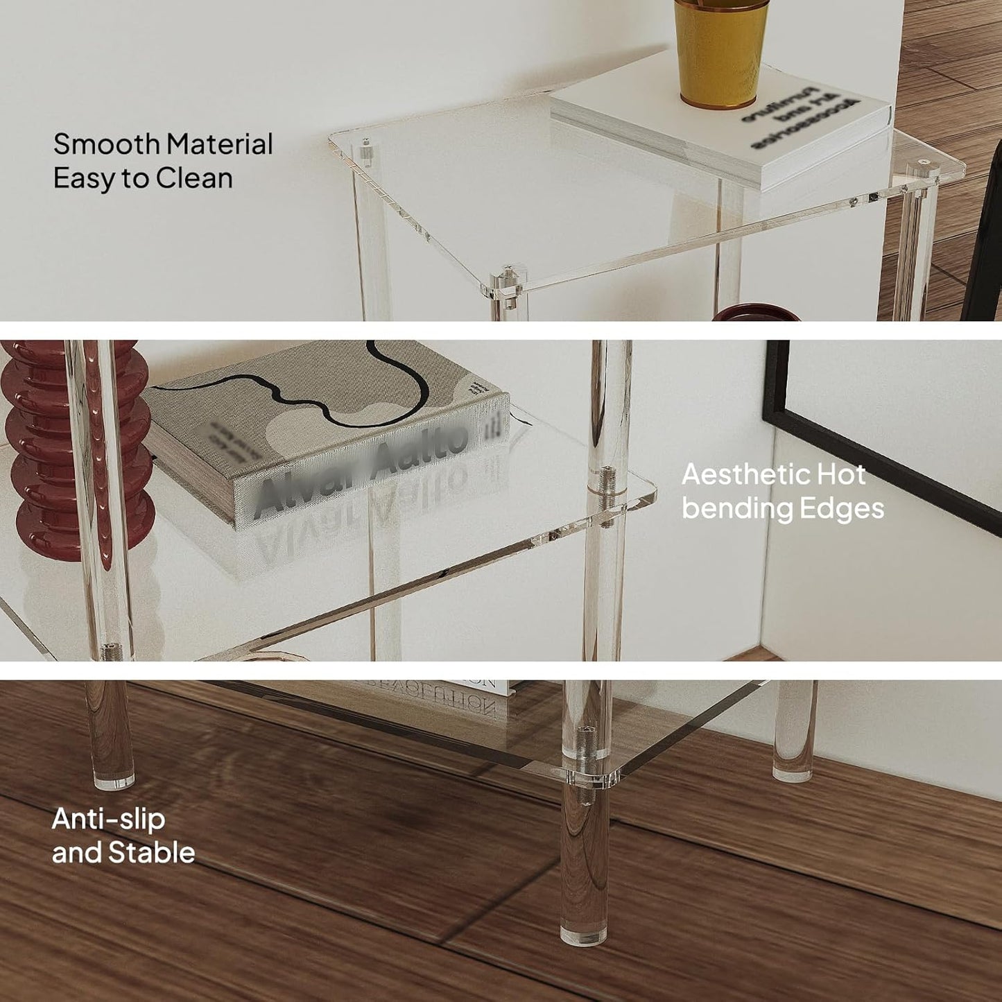 Aquiver Acrylic Tall Side Table - 3 Tier End Table for Small Spaces - Tall Nightstand Clear Bedside Table for Living Room, Bedroom - 15.7" L x 11.8" W x 30.8" H