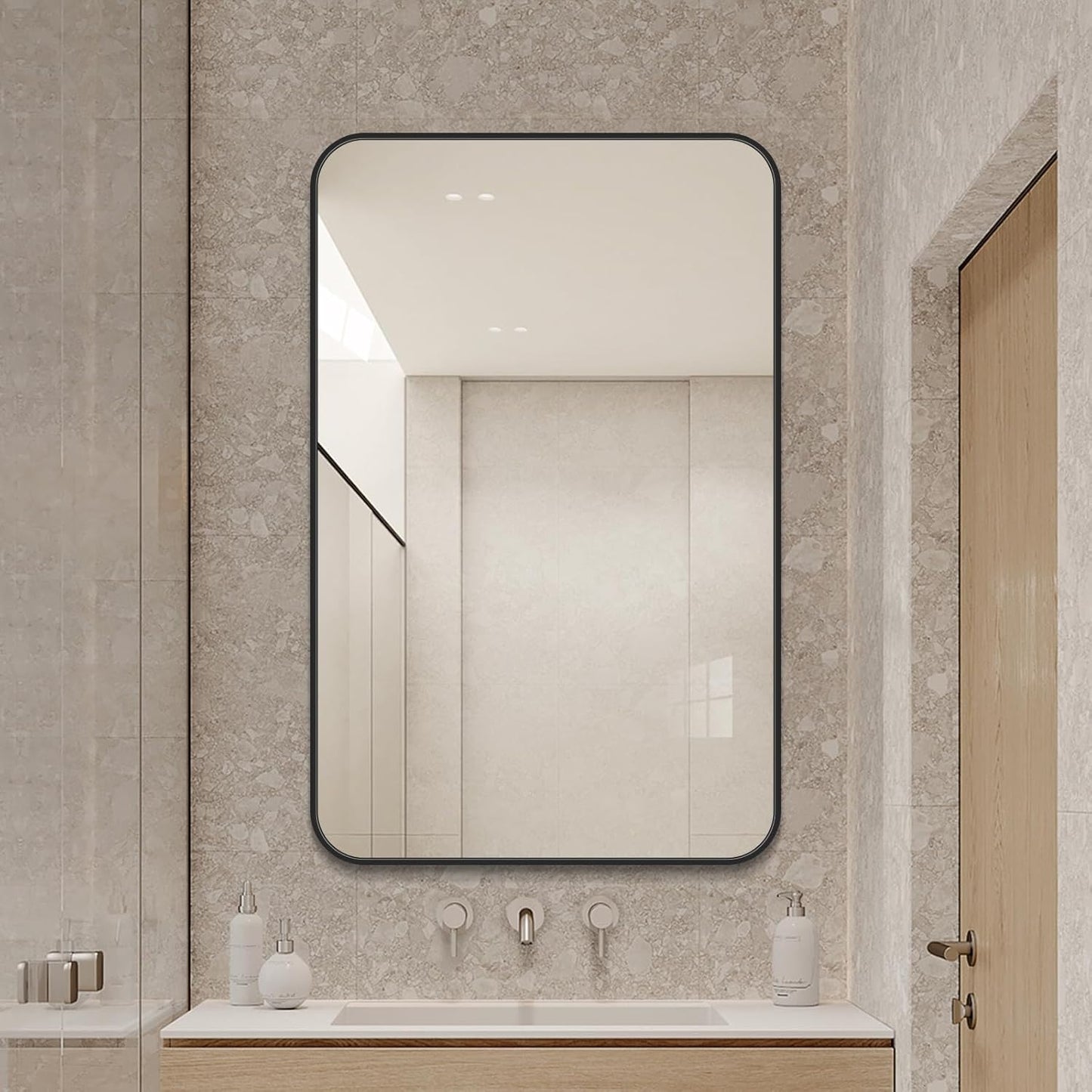 Large Modern Bathroom Mirror with Black Frame, 5mm Copper Free Silver Mirror,Black Frame, Easy Installation (Black, 30" L x 24" W)