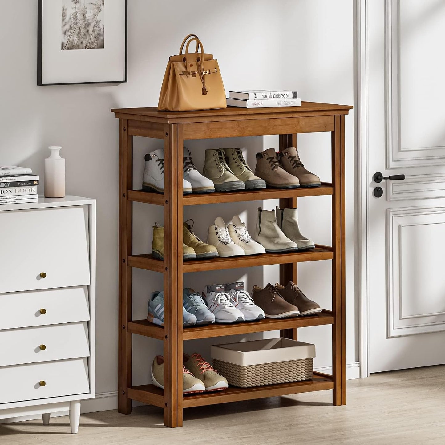 Bamworld Shoe Rack 5 Tier Wooden Storage Benches Wood Free Standing Shoe Shelf for Entryway Hallway (Brown,31.5")