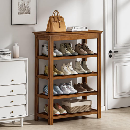 Bamworld Shoe Rack 5 Tier Wooden Storage Benches Wood Free Standing Shoe Shelf for Entryway Hallway (Brown,31.5")