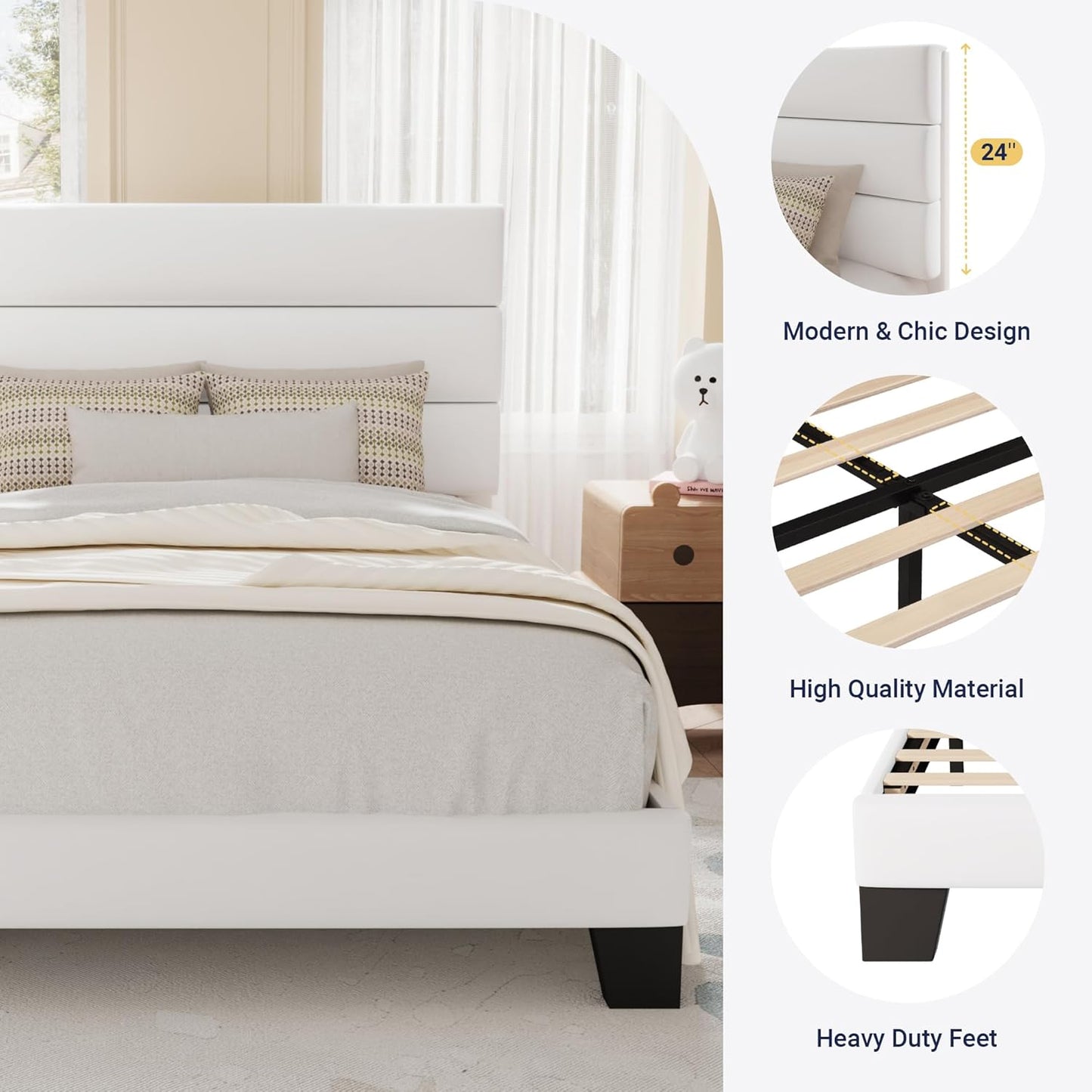 Allewie Twin Size Platform Bed Frame with Velvet Upholstered Headboard and Wooden Slats Support, Fully Upholstered Mattress Foundation/No Box Spring Needed/Easy Assembly, White