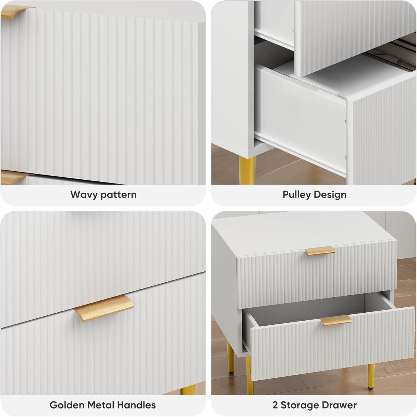 Nightstand, White Night Stand with Fluted Panel, Bedside Table with 2 Drawer, Large Mid Century Modern Nightstand with Gold Leg, End Tables for Bedroom