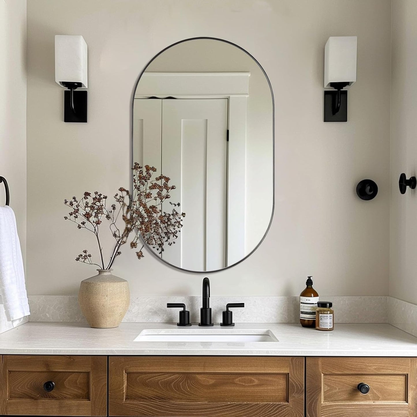 ANDY STAR Black Oval Mirror, 20x33’’ Oval Black Mirror Stainless Steel Metal Pill Mirror for Bathroom, Entryway, Living Room, Contemporary 1" Deep Set Design Wall Mount Hang Vertical or Horizontal