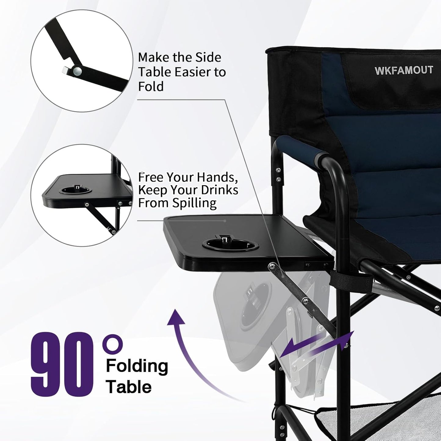 Tall Folding Directors Chair with Side Table 30.71" Seat Height Foldable Camping Chair Bar Stool for Makeup Artist Face Painting with Footrest and Storage Pocket Supports 350LBS