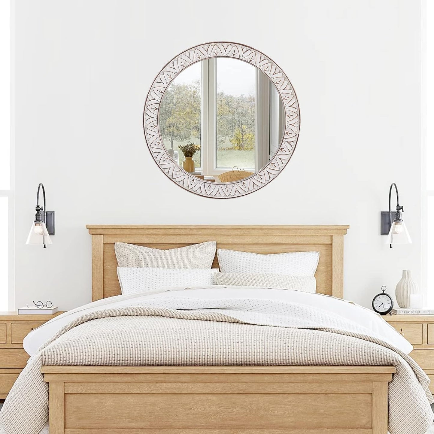 24" Round Mirror Farmhouse Wooden Frame Circle Mirrors, Rustic Decorative Distressed Wall Mounted Mirror for Bathroom, Bedroom, Living Room, Entryway, Fireplace, Hall