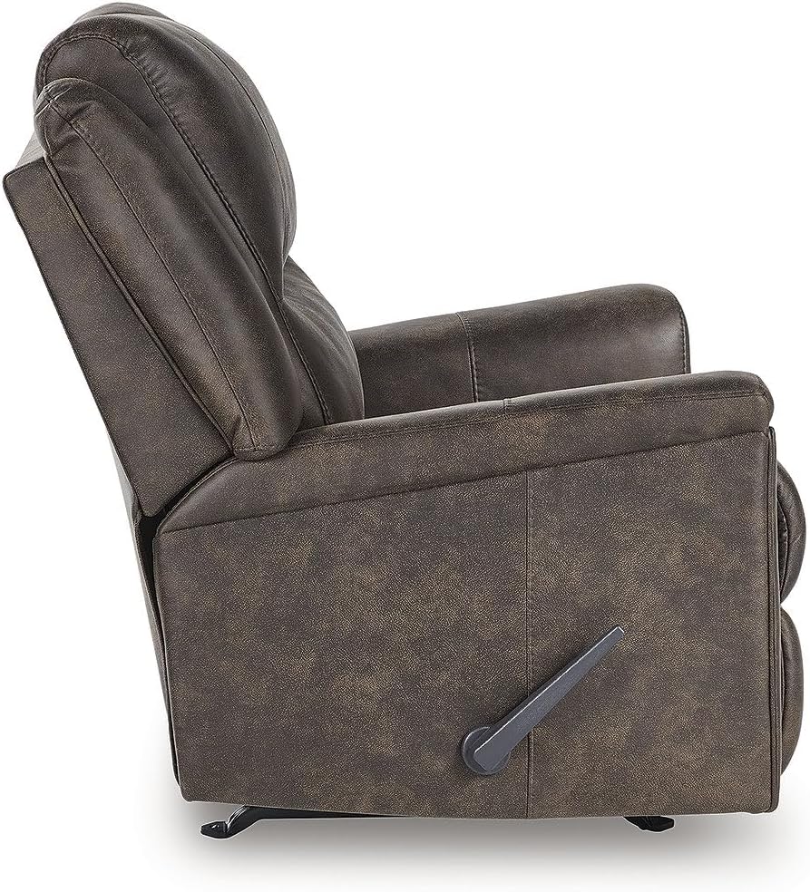 Signature Design by Ashley Skymaker Modern Faux Leather Manual Rocker Recliner with Track Arms, Dark Brown