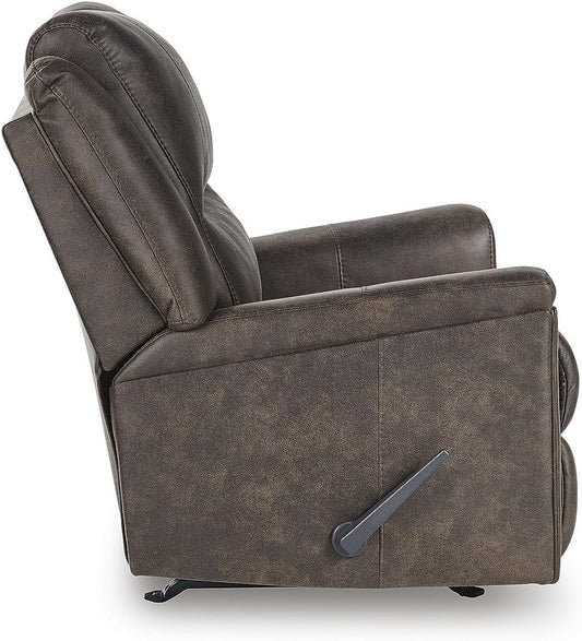 Signature Design by Ashley Skymaker Modern Faux Leather Manual Rocker Recliner with Track Arms, Dark Brown