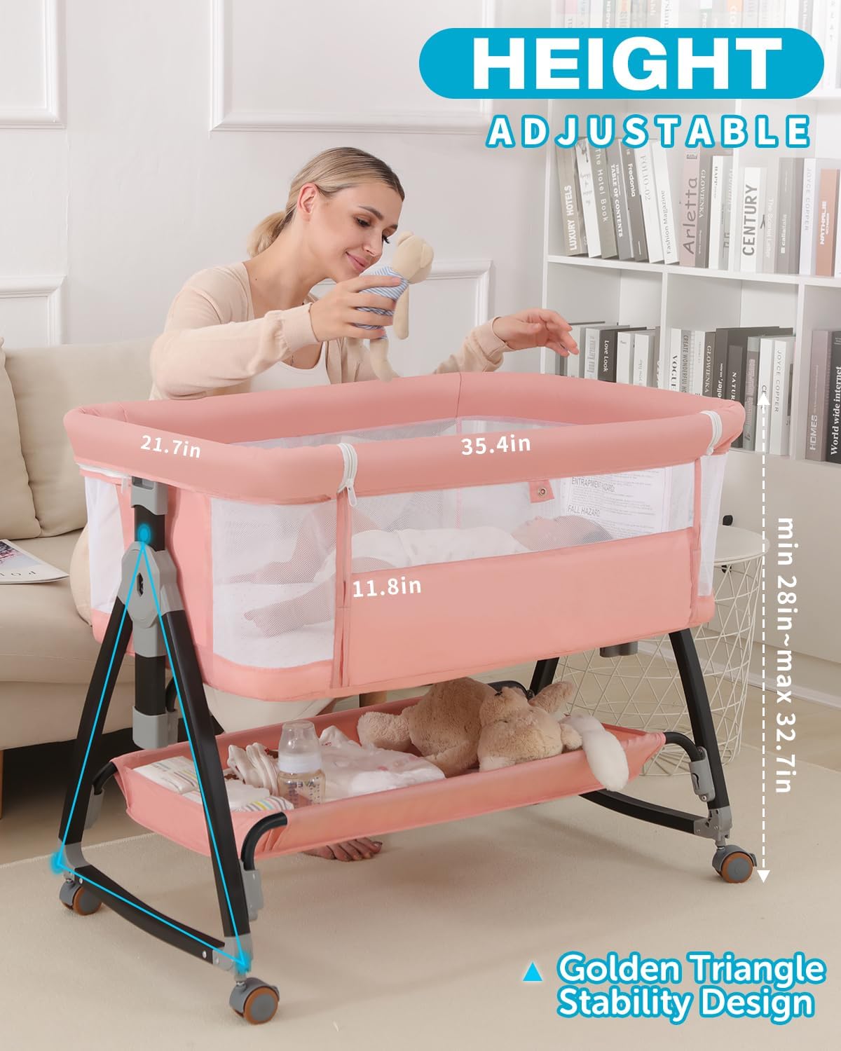 Bedside Bassinet for Baby, 3 in 1 Breathable Mesh Baby Bassinet, 6 Height Adjustable, Easy to Fold, Bassinet Bedside Sleeper with Wheels, Mosquito Net, Storage Basket, Rocking Bassinet for Baby, Pink