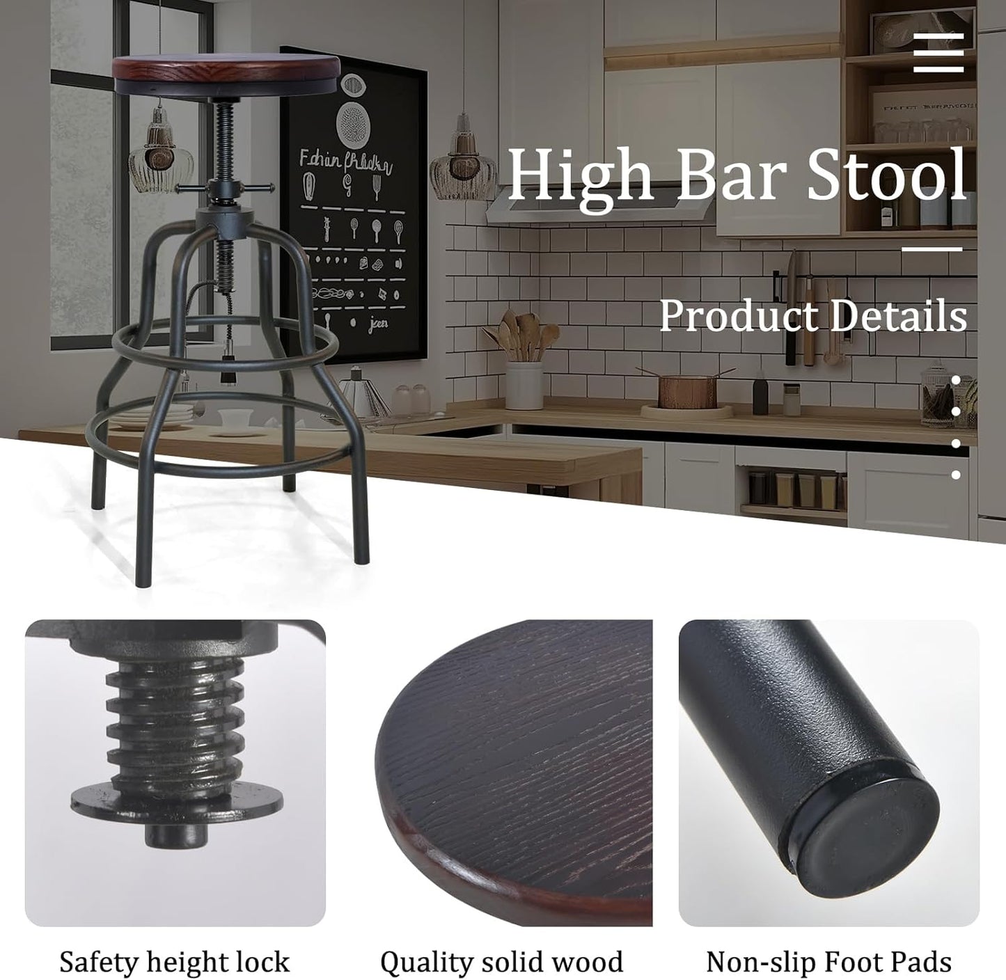 LOKKHAN Vintage Industrial Bar Stool-Rustic Swivel Bar Stool-Round Walnut Wood Metal Stool-Counter/Bar Height Adjustable Pipe Stool-Cast Steel Stool 23.62"-29.52" (Set of 2)