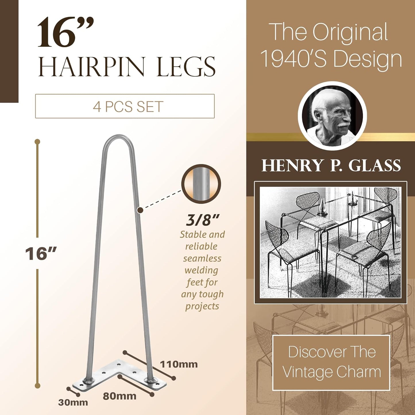 TEN49 Heavy Duty Hairpin Table Leg - 16 Inch Industrial Furniture Legs - Raw Steel Color Solid Rods Metal Leg for Table - Fit for Mid-Century Modern Bed Side, Dressing Table, Nightstand, Chair Legs