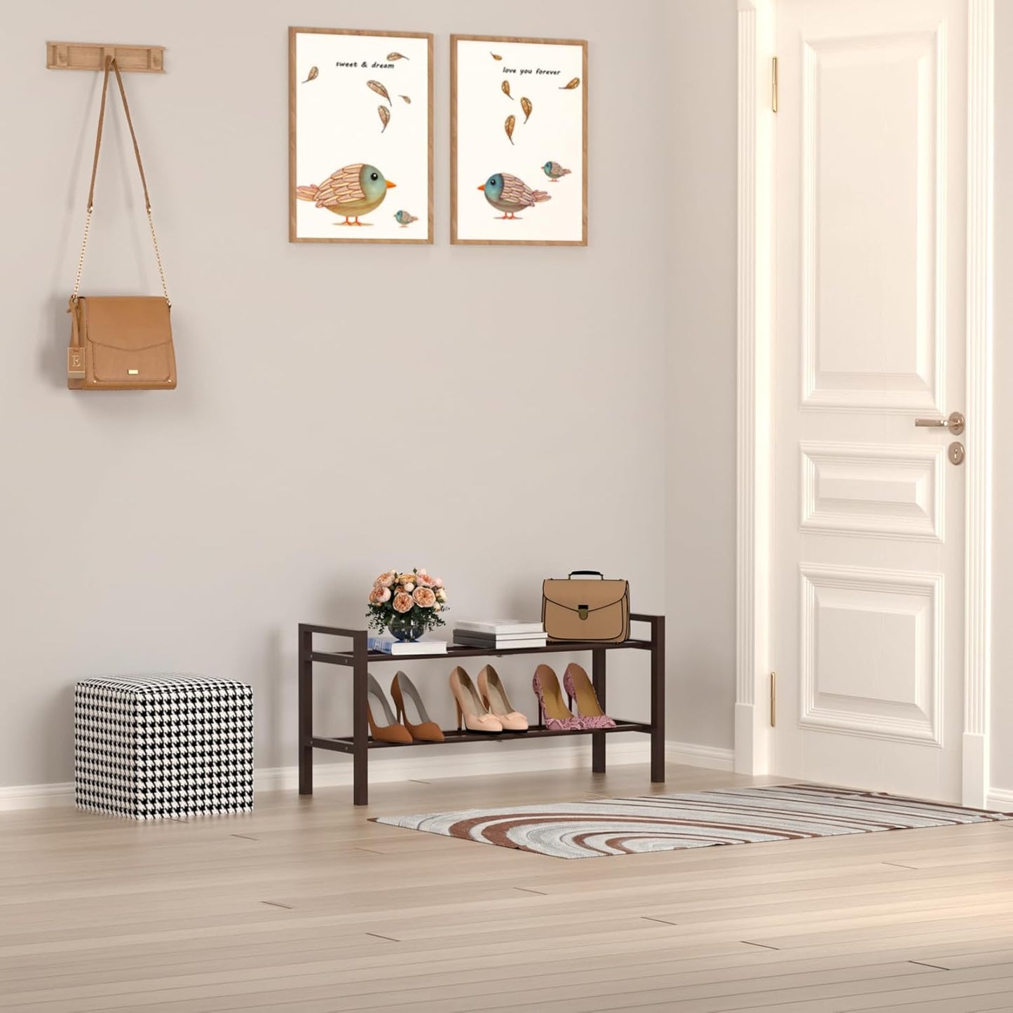 Haddockway Bamboo Shoe Rack for Closet, Free Standing Shoe Organizer with Smooth Round Rods & Convenient Handles, Stackable Shoe Storage Shelf for Entryway, Hallway(Brown, 2-Tier)