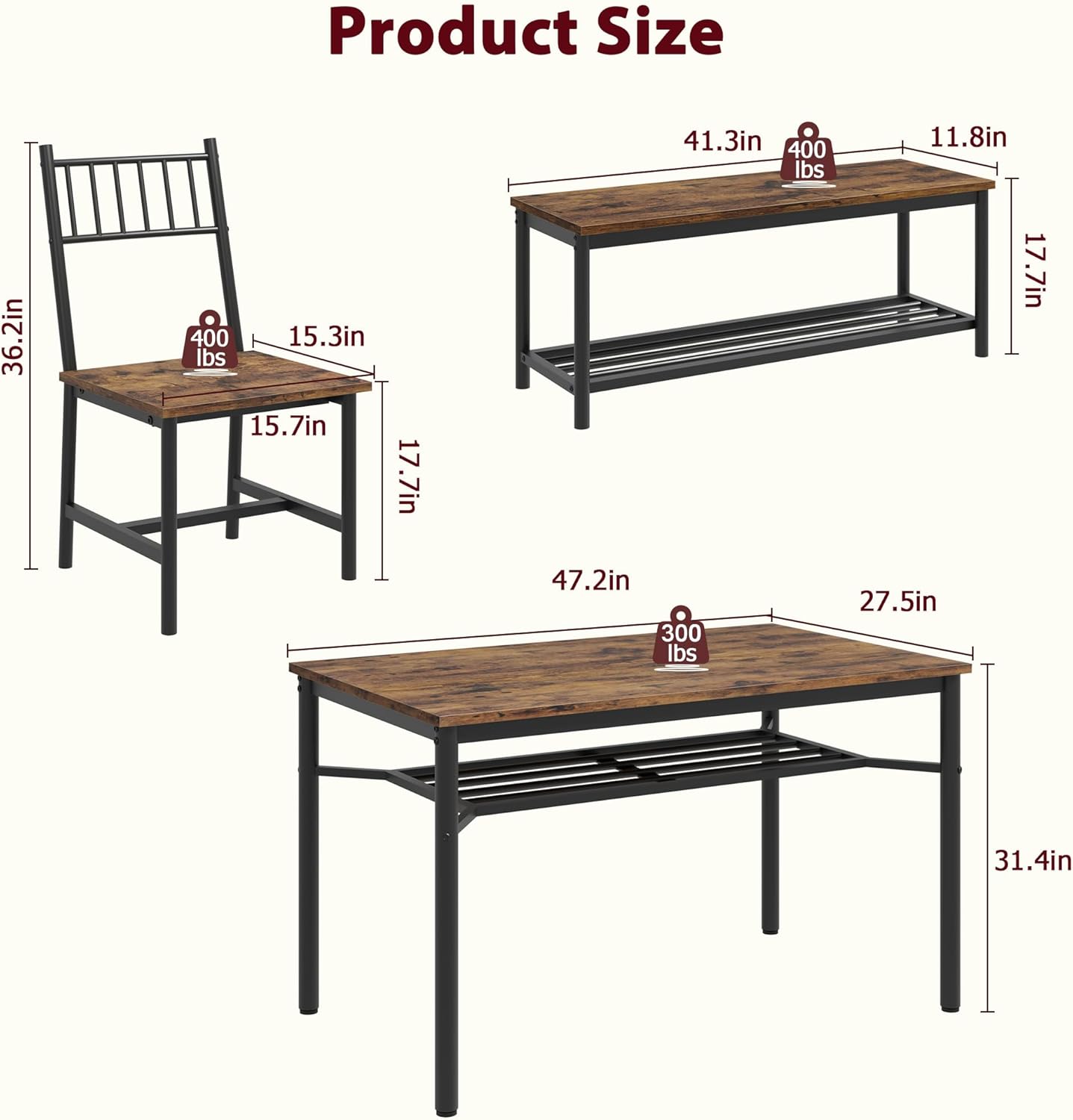 Dining Table Set for 4, Kitchen Table for 4 with Bench and 2 Chairs, 4-Piece Dining Table Set for Apartment, Small Space, Brown