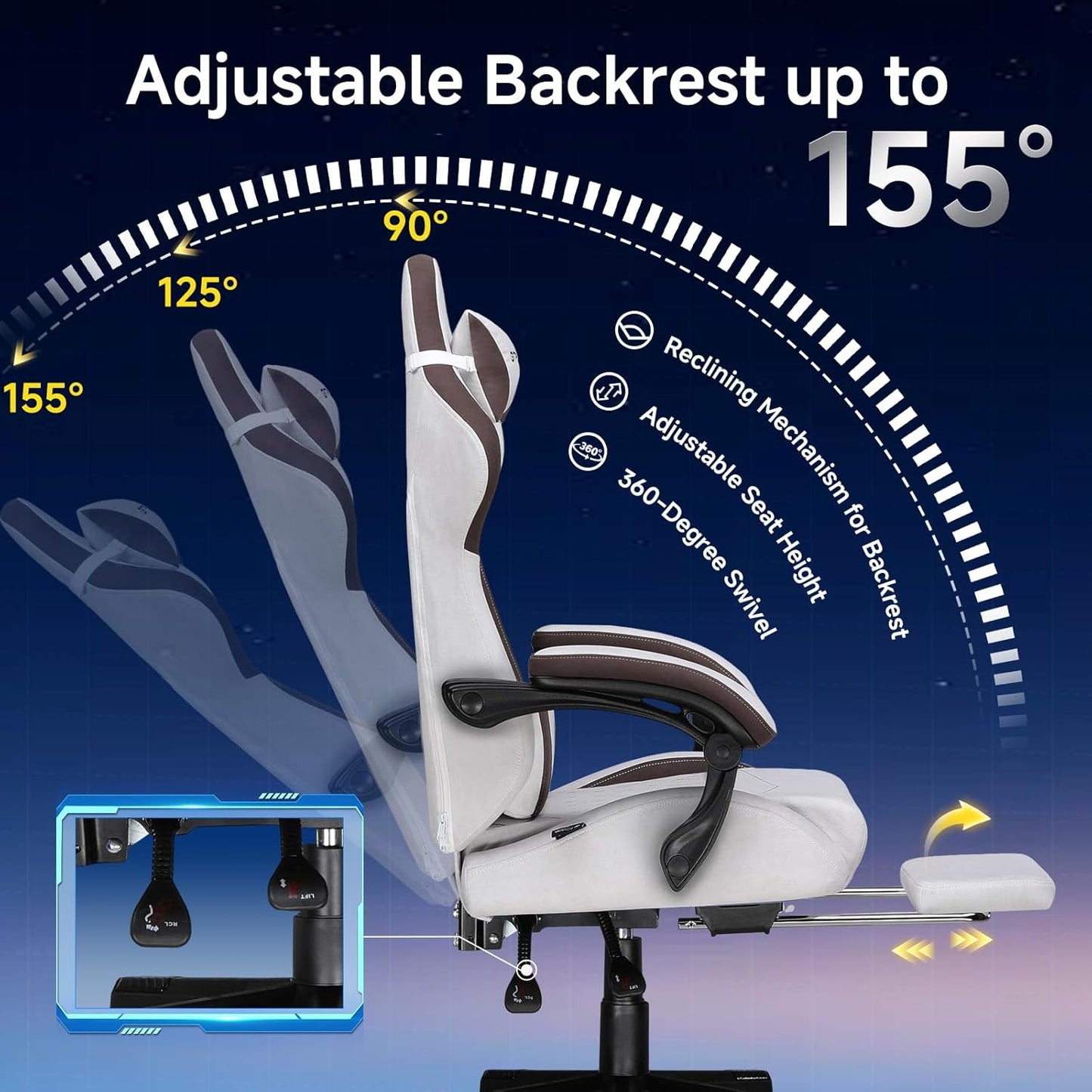 GTPLAYER Gaming Chair, Video Game Chairs with Footrest and Lumbar Support, Computer Chair for Adults with Extended Backrest, Ergonomic Reclining Silla Gamer, Fabric, Brown