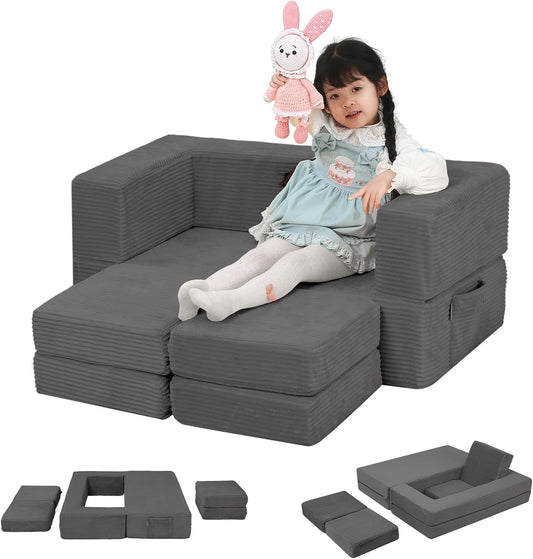 MeMoreCool Modular Kids Couch, Corduroy Play Toddler Couch for Bedroom Playroom Furniture, Convertible Foam Kids Sofa Bed, Fold Out Baby Sofa for Girl Boy, Dark Grey