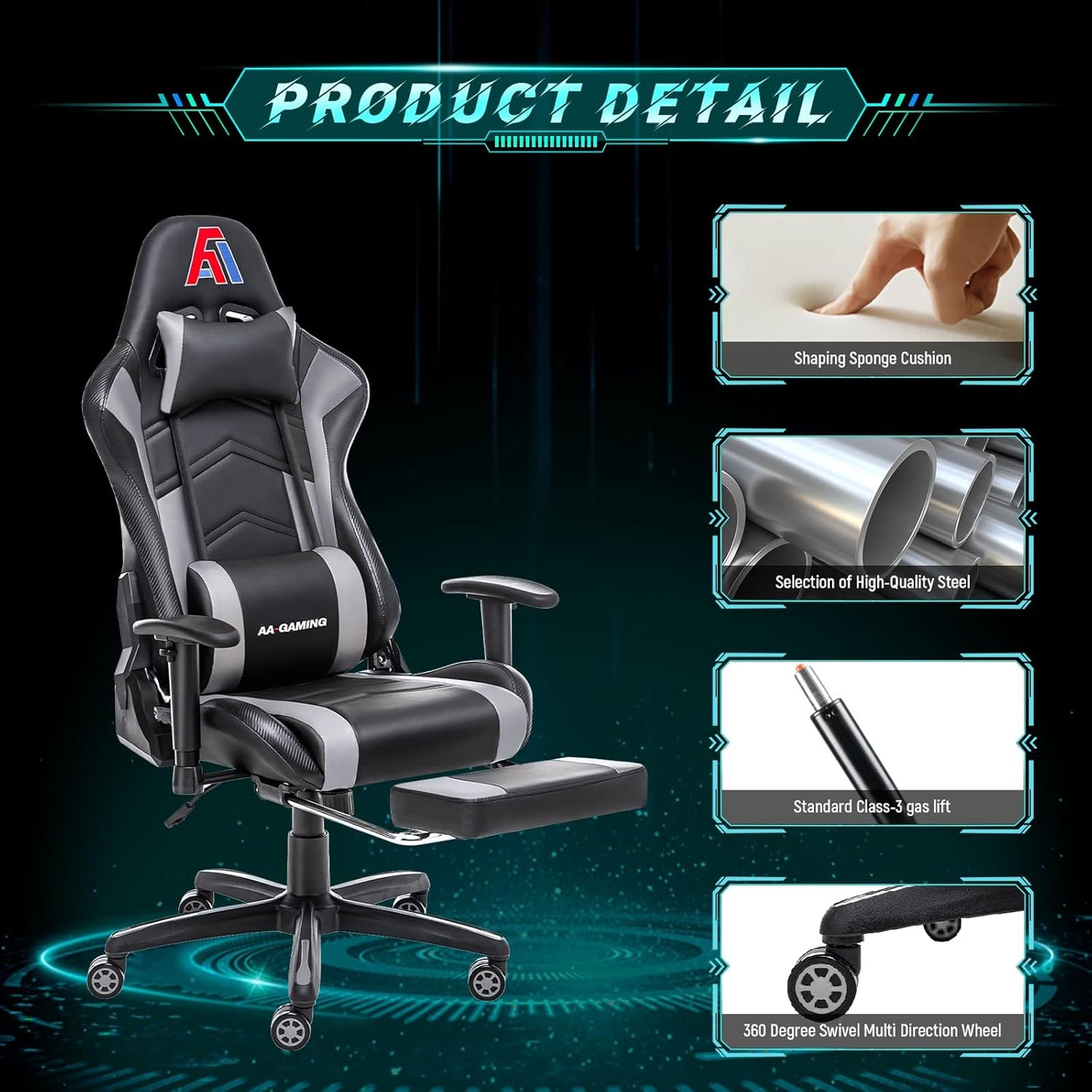 AA Products Gaming Chair Ergonomic High Back Computer Racing Chair Adjustable Office Chair with Footrest, Lumbar Support Swivel Chair - Upgraded Version BlackGrey