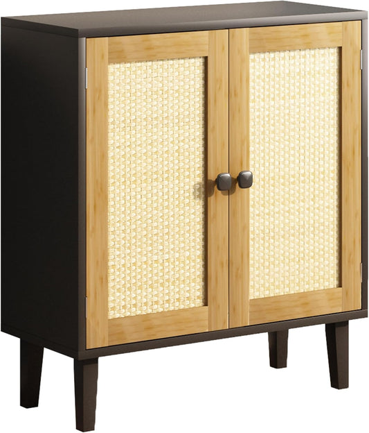 Bamboo Sideboard Buffet Cabinet with Rattan 2 Doors Kitchen Cupboard Accent Entryway Living Room Cabinet Black