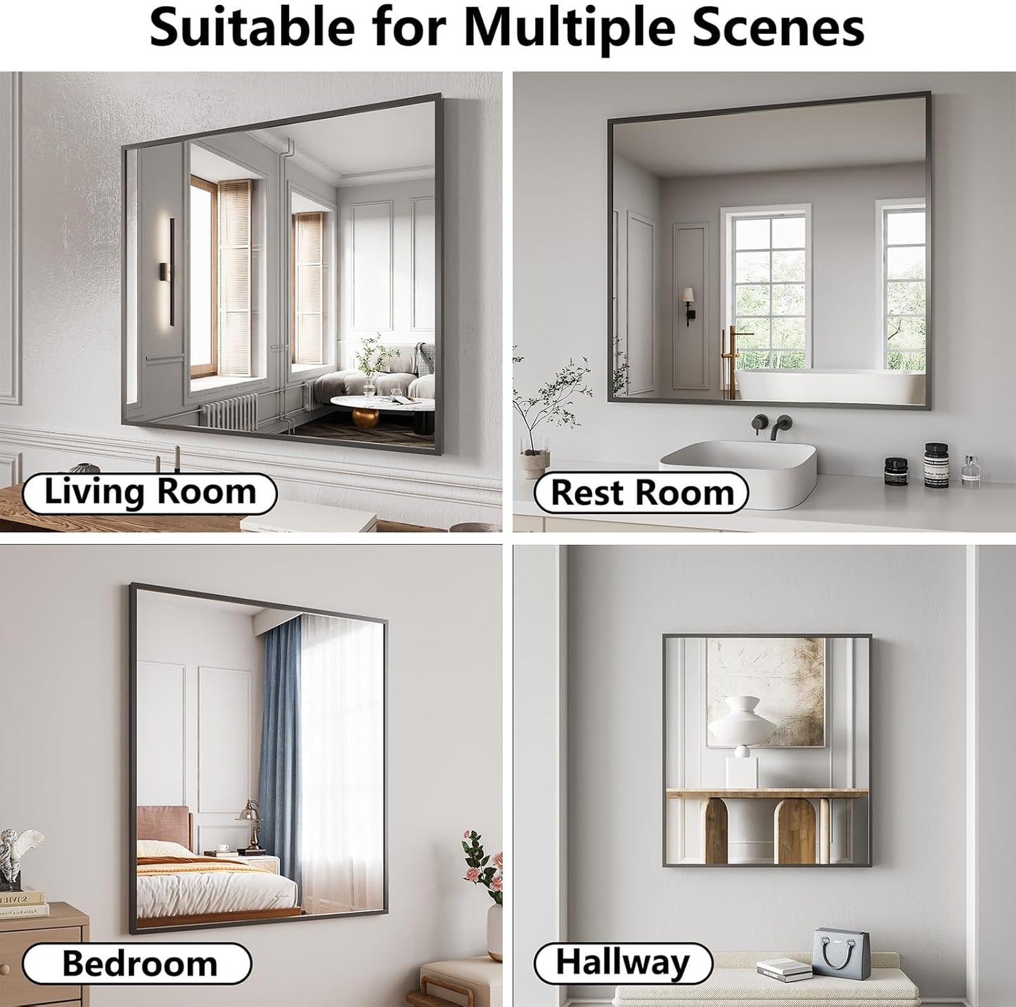 Bathroom Mirror 36x40 Black Bathroom Wall-Mounted Mirrors, Modern Vanity Mirror for Bedroom, Living Room, Aluminum Alloy Frame Allow to Hang Horizontally or Vertically