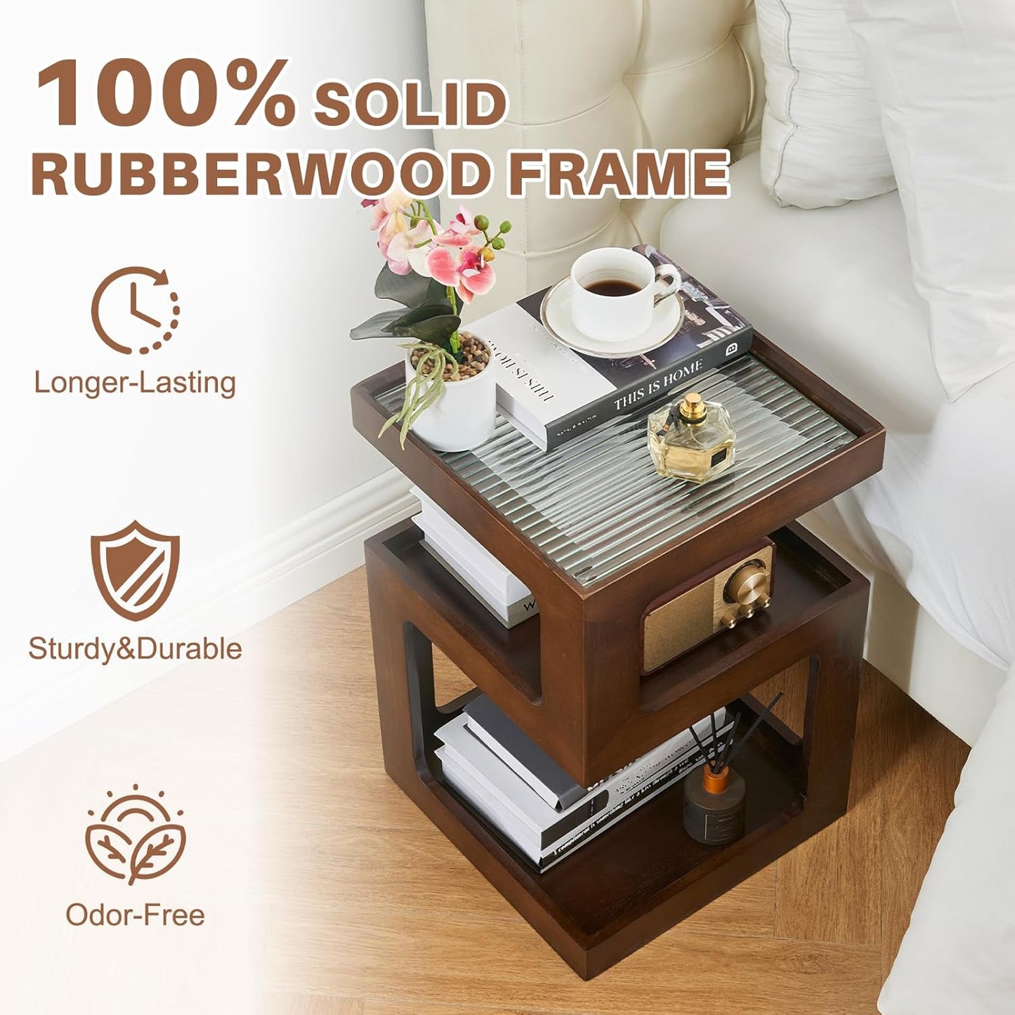 Uniclinens Bookshelf Nightstand 3-Tier Storage, End Side Table with Tempered Glass Desktop, Modern Solid Wood Bedside Table for Bedroom Living Room, Walnut