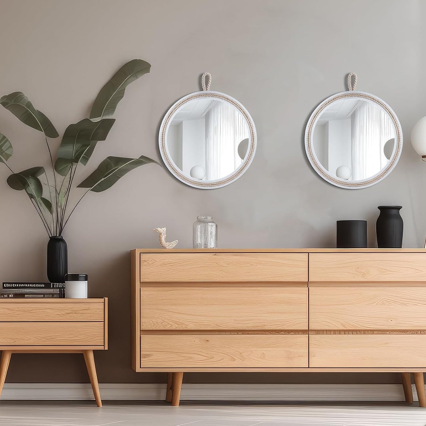 Small Decorative Mirror 11.4'' Round Hanging Mirror for Wall Nautical Rope Mirror for Bathroom Office Living Room All Occasions, White Round Rope,Mirror,Nautical Theme