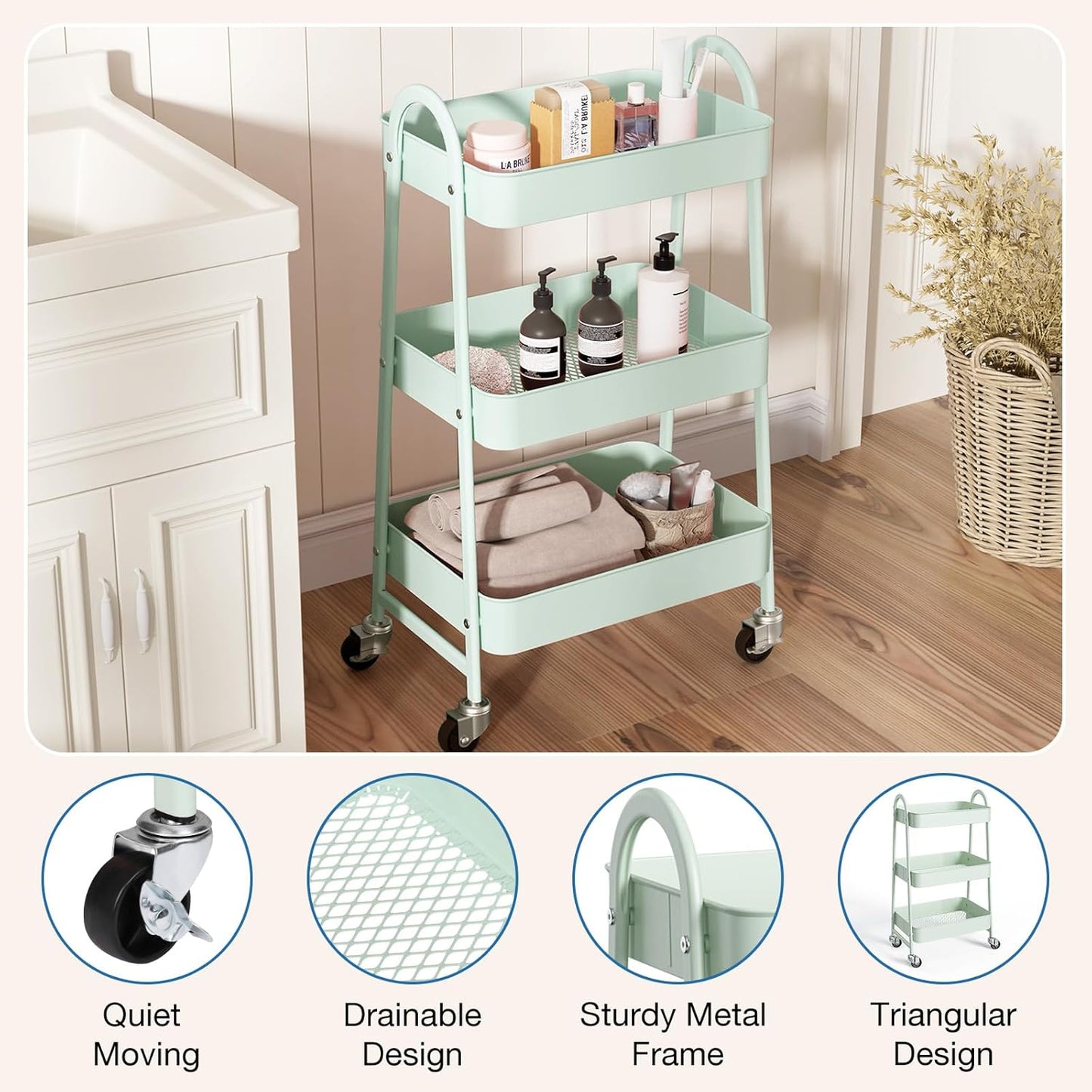 OLIXIS 3 Tier Utility Rolling Cart with Lockable Caster Wheels, Metal Mobile Storage Shelf, Organization for Livingroom, Bathroom, Kitchen, & Narrow Places, Light Green