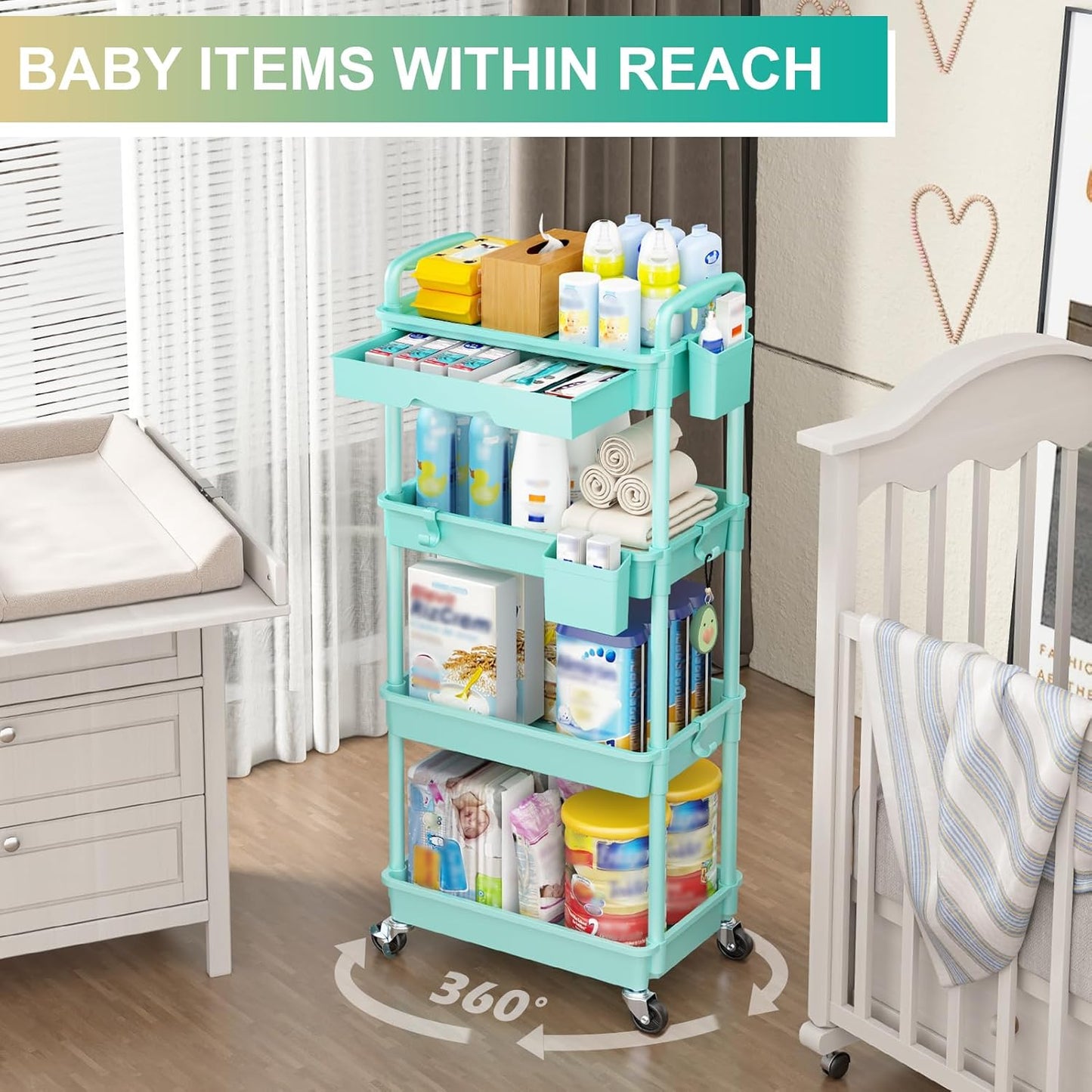 Goovilla 4 Tier Rolling Utility Cart Organizer with Removable Drawer, Stable and Sturdy Blue Rolling Storage Carts with 2 Lockable Wheels for Bathroom, Kitchen, Snack, Craft, Makeup, Baby Essentials