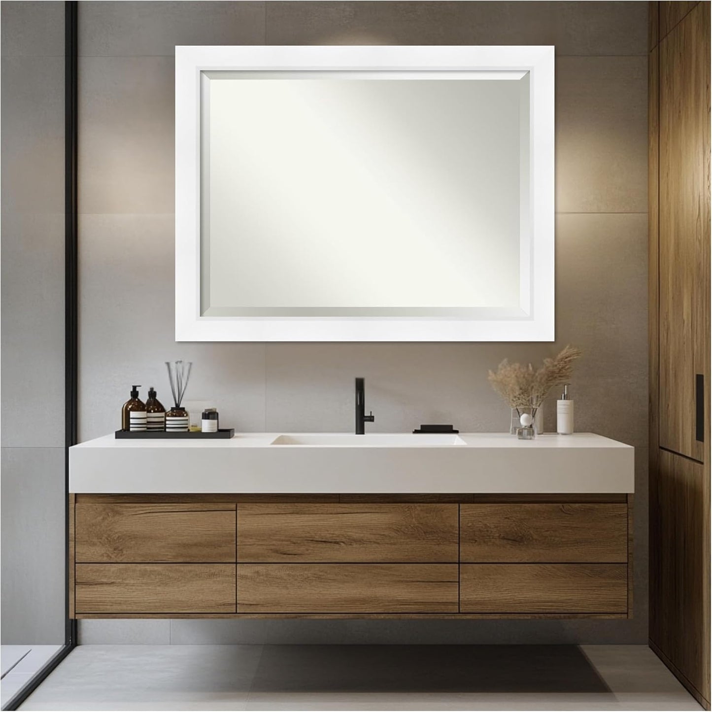 Amanti Art White Bathroom Mirror for Over Sink, 36x46 Sloped White Rectangle Vanity Mirror, X-Large Modern Contemporary Frame, Hangs Horizonally and Vertically, Bathroom Wall Decor, Beveled Edge