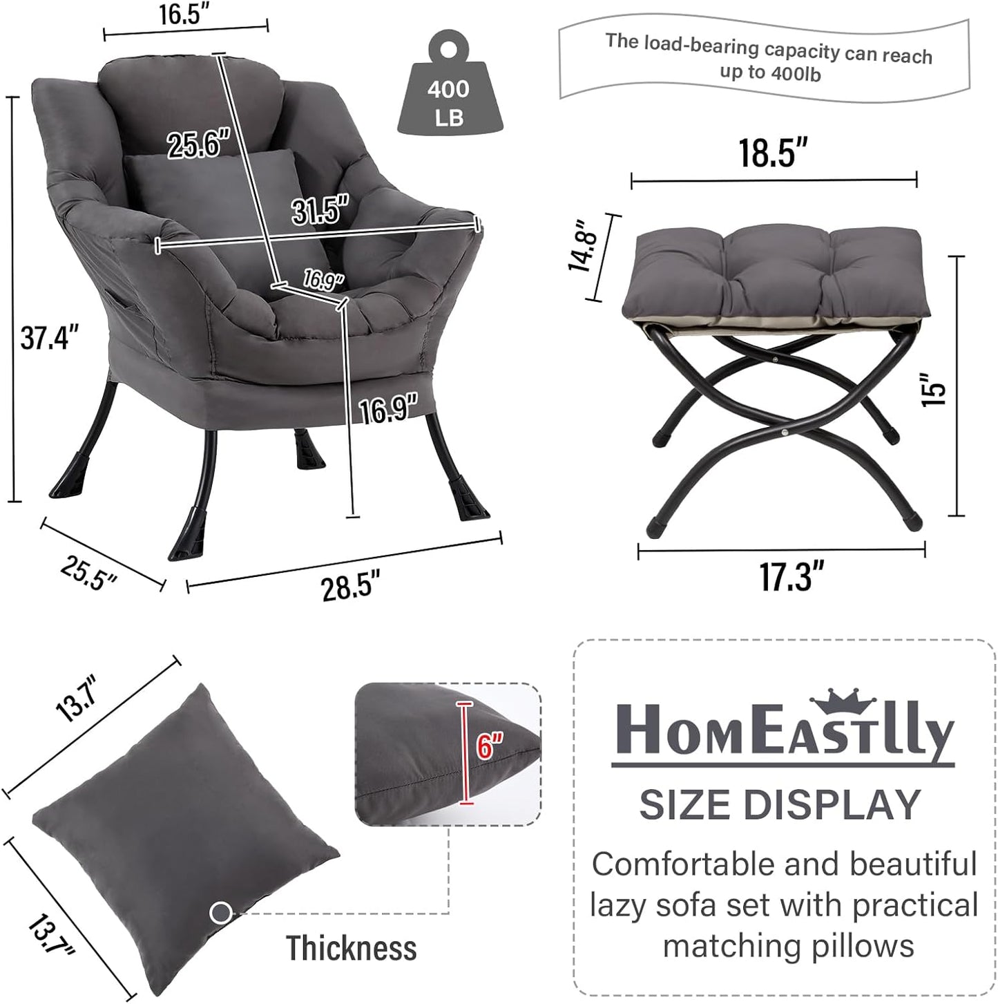 Large Lazy Chair with Ottoman, Accent Reading Chair with a Throw Pillow, Cozy Lounge Chair with Armrest, Leisure Sofa Chair for Living Room, Bedroom, Dorm, Dark Grey