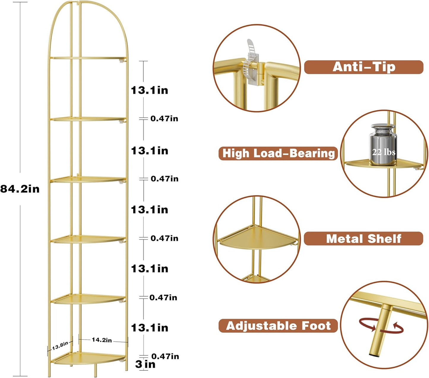 Crofy Foldable 6 Tier Corner Shelf, Metal Corner Plant Stand with Gold Frame and Gold Shelves, Corner Display Rack Multipurpose Shelving Unit for Living Room, Bedroom, Bathroom