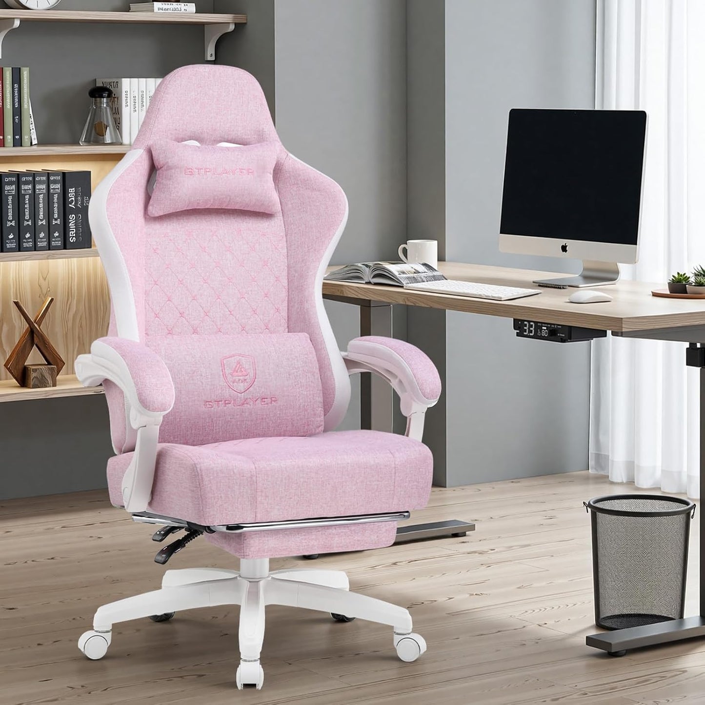 GTPLAYER Office Chair, Gaming Computer Desk Fabric Chair with Footrest, High Back Ergonomic Office Chair with Pocket Spring Lumbar Support and Linkage Armrests Adjustable Height Swivel for Home Task