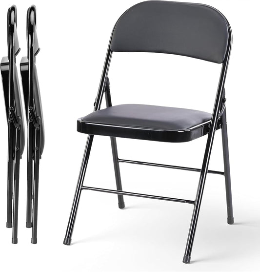 HealSmart 2 Pack Folding Chairs with Padded Leather Cushion Seats, Sturdy Metal Frame, Stackable Portable Design for Indoor Outdoor Use, Commercial Event Party Office Home Chairs, Black